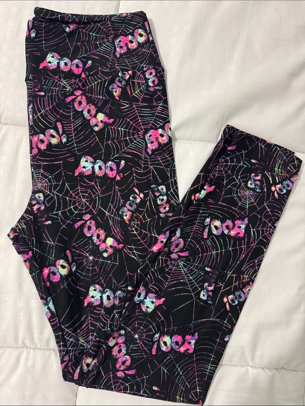OS Halloween leggings, BOO, black with bright multicolored spiderwebs